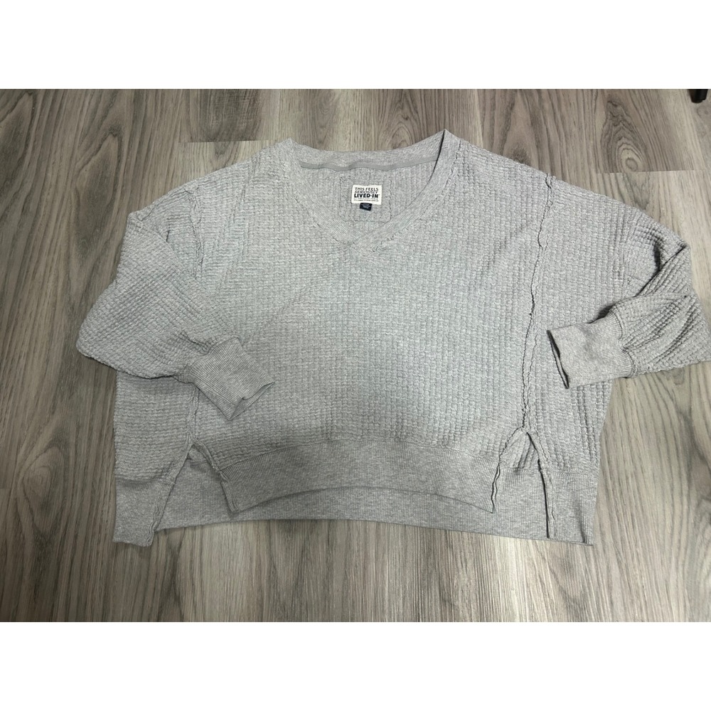 American Eagle Womens Lived-In Waffle Knit V-Neck Sweater Cotton S Grey Pullover